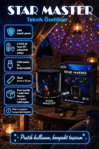 Dekoratif Led Yıldız Gece Lambası Renkli Işık Efektli Oda Atmosfer Projektörü Çok Renkli