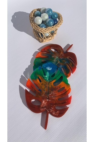 Kırmızı Turuncu Yeşil Su Mavi Gökkuşağı Renk Yaprak Şekil Epoksi Kırmızı