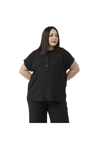 Büyük Beden Düşük Kollu Bluz Pantolon Siyah İkili Takım Siyah