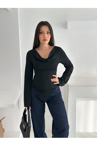 Ckm Moda Drapeli Uzun Kollu Bluz Siyah