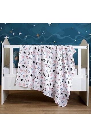 Vagonik Pembe Desenli Bebek Çok Amaçlı Büyük Boy Müslin Örtü & Battaniye 100x120 Beyaz