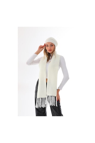 Kadın Selanik Örgü İpli Bere Atkı Takımı Ekru