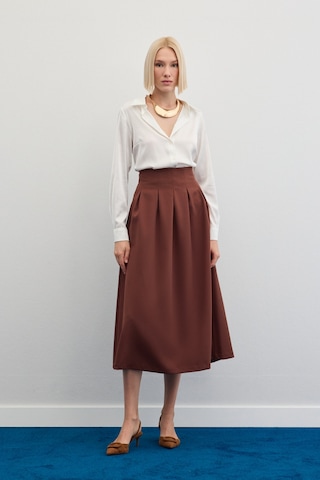 Sateen Pileli Midi Etek - Kahve-136478 Kahve