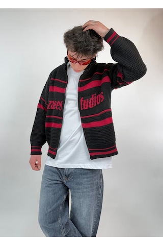Zaee Studio Stripe Knit Crop Boy Triko Ceket Bordo