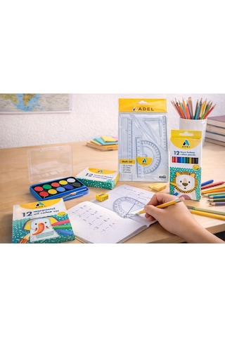 Okula Başlangıç Seti 12 Li Sulu Boya, Kuru Boya, Pastel Boya Ve Geometri Çizim Seti