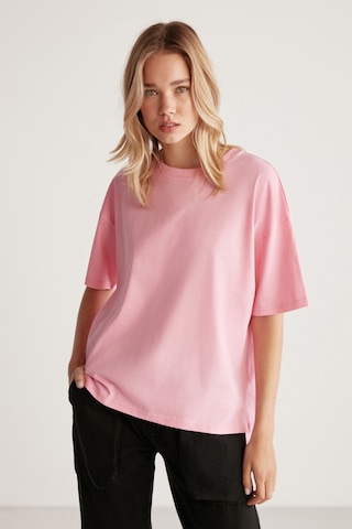 Grımelange Jemmy Kadın %100 Organik Pamuk Relaxed Fit Yırtmaçlı Yuvarlak Yakalı Açık Pembe T-shirt
