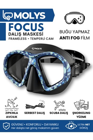 Molys Focus Dalış Maskesi + Antı Fog Buğu Önleyici Film + Katlanabilir Şnorkel + Maske Kutusu Mavi - Siyah