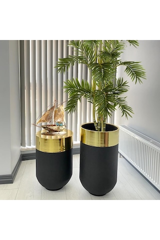 Dekoratif Gold Darbuka Siyah Saksı 70 Cm+sehpa 60 Cm İkili Set