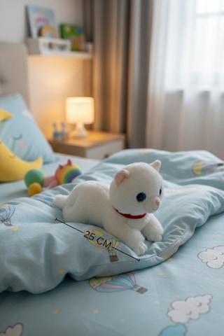 Miyavlayan Peluş Kedi 25 Cm - Yumuşacık Tüylü Sesli Uyku Arkadaşı Ve Hediye Kedi Oyuncak Beyaz