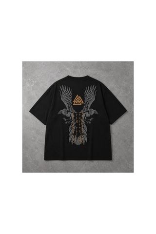Yolo Street Viking Kartal Baskılı Oversize Siyah Tişört Unisex Sokak Tarzı %100 Pamuk 1siyah