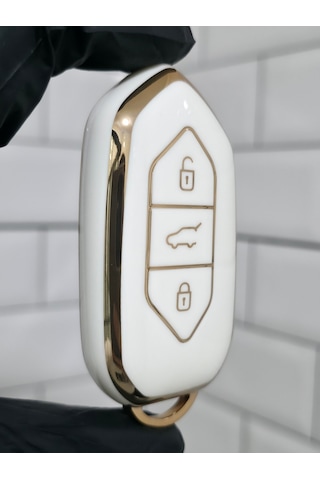 Togg T10x Uyumlu 3 Butonlu Anahtar Koruma Kılıfı Beyaz Gold