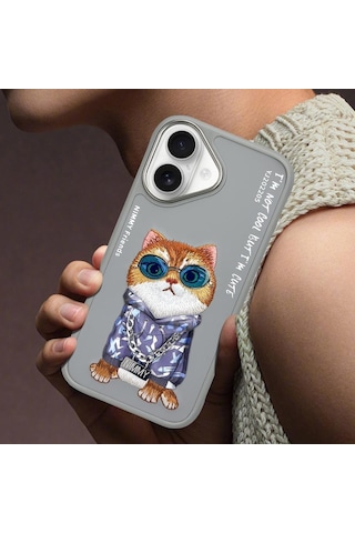 Apple Uyumlu iPhone 16 3d Gerçek Nakış İşleme Gözlük Ve Zincir Detaylı Köpek Desenli Kılıf Şeffaf