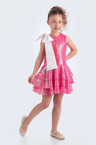 Etekli Şık Elbise Pullu 3 Kat Fuşya