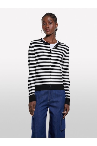 Sisley Viskoz Karışımlı Çizgili Bisiklet Yaka Slim Fit Hırka Kadın Siyah Hırka - 325p17q3l500m