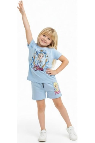 Miniko Kids Kız Çocuk Elsa Modelli Pamul Şortlu Takım Mavi