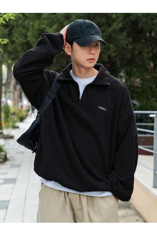 Genıus Store Erkek Polar Oversize Sweatshirt Polar Sweatshirt Siyah