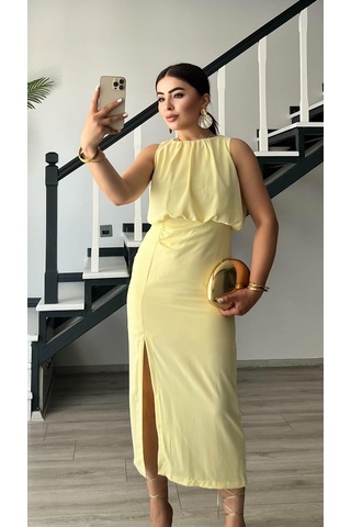 Butter Yellow Önden Yırtmaçlı Büzgülü Elbise Sarı