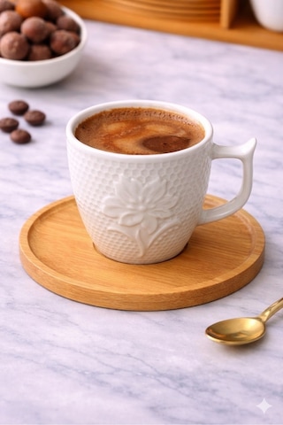 6 Kişilik Porselen Türk Kahvesi Fincan Takımı.bambu Tabaklı Premium Kahve Seti,sınırlı Stok-çiçek Beyaz