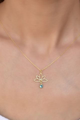 925 Ayar Gümüş Altın Kaplama Lotus Aralık Ayı Doğum Taşı Kolye