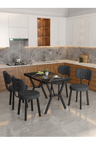 Azra 70x110cm Bendir Mutfak Masası, Mutfak Masası Takımı, Yemek Masası, 4 Antrasit Sandalye Antrasit