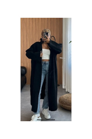 İkrafashion Maxi Boy Uzun Tesettür Triko Hırka Siyah Siyah