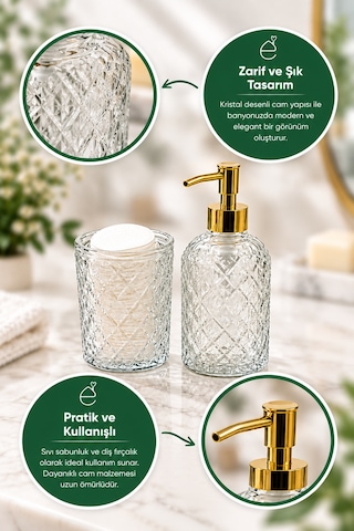 Evonıta 2 Li Kristal Desenli Cam Banyo Seti Altın Pompalı Sıvı Sabunluk Ve Diş Fırçalık Organizer Renkli