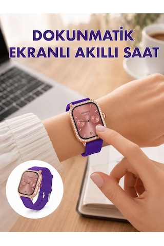 Pembe Mor Ve Metal Kordonlu Akıllı Saat Hediye Seti