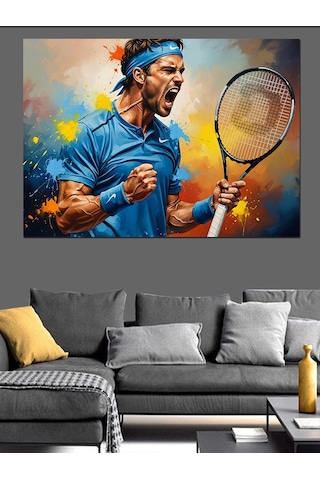 Tenis Maçında Hırslı Erkek Oyuncu Dekoratif Kanvas - Mdf Ahşap Tablo