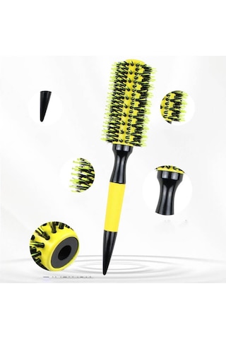 Koodmax Ahşap Saplı Naylon Kıl Saç Şekillendirici Fön Fırçası - Saç Düzleştirici Tarak 4.5cm - Sarı - Siyah