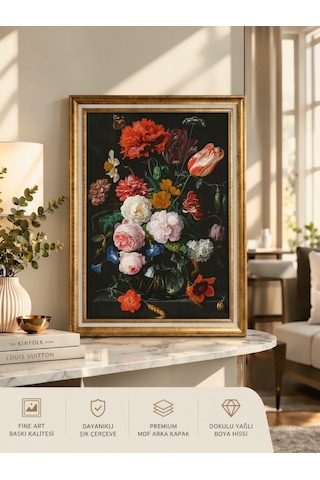 Gold Çerçeveli Varaklı Yağlı Boya Dokulu Şık Salon Tablosu - Hollanda Altın Çağı Sanat Eseri Klasik Vintage Natürmort Dark Floral Dekoratif Duvar Tablosu 50x70 Cm / Çerçeveli 60x80 Cm