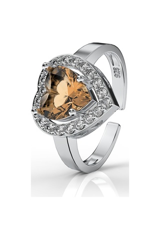 925 Ayar Sitrin Taşlı Rodyum Pırlanta Işıltılı Kalp Ayarlanabilir Gümüş Yüzük Gümüş