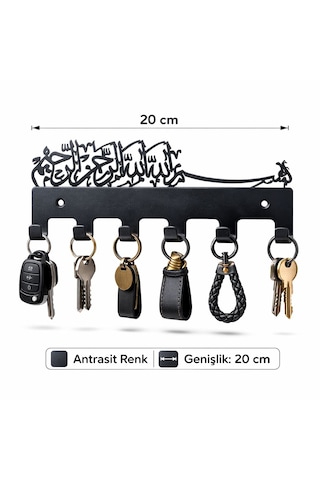 Besmele Yazılı Metal Anahtarlık Askılığı Antrasit Duvar Dekoru Antrasit