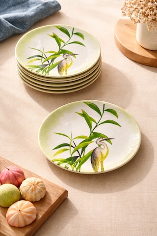 Grandora Bambu & Turna Desenli 20 Cm, 6 Lı Set Pasta Tabağı Dekoratif Sunum, Pasta, Tatlı Servis Tabağı Yeşil