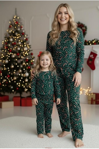 Siyah İnci %100 Pamuklu Puanlı Şeker Baston Desenli Yılbaşı Temalı Örme Pijama Takım Yeşil Puanlı Baston
