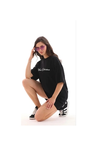 Hazego Baskılı T-shirt Kısa Kol Bisiklet Yaka Regular Rahat Kalıp Günlük Tişört - Siyah