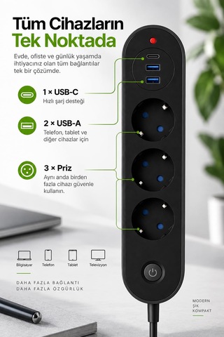 Robeve Blic Termal Akım Korumalı 3 Lü Priz 2500w 1 Usb-c + 2 Us