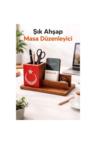 Türk Bayrağı Özel Baskılı Ahşap Kalemlik Kartvizitlik Telefonluk Vb. Masa Seti Kaydırmaz Taban Kahverengi