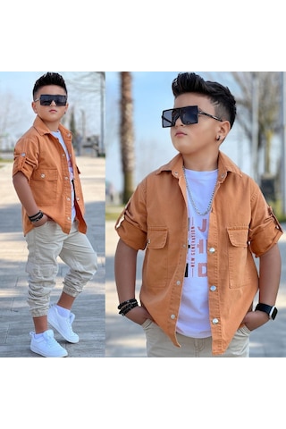 Modavals Cep Ve Kol Detaylı Düğmeli Ceket Baskılı Tişört Ve Kargo Pantolon 3 Parça Erkek Çocuk Takım-589274601 Turuncu
