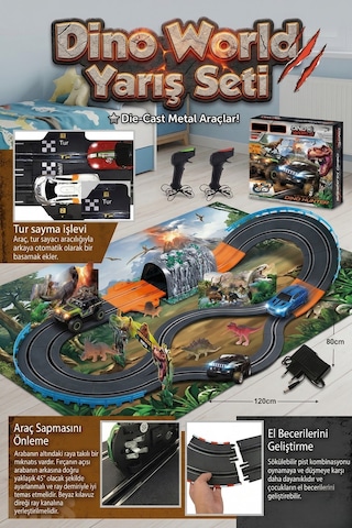 Dino World Dino Hunter Slot Track Yarış Seti - 120x80 Cm Dinozor Temalı Işıklı Araba Pisti Çok Renkli