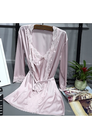 Sones 2'si 1 Arada Kadın Dantel İpek Askılı Gecelik + Hırka Gecelik Takımı Lotus Pembesi Pembe