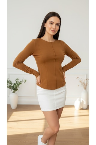 Divinus Kadın Slim Fit Pamuklu Uzun Kollu Bodysuit Taba