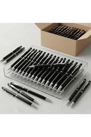 Bk Kurumsal Promosyon 1022 Metal Siyah Touchpen Kalem 10 Adet Lazer Baskılı Logolu Tükenmez Kalem