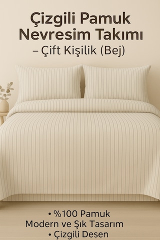 Laliva Naturel %100 Pamuk Çift Kişlik Çizgili Nevresim Takımı Bej