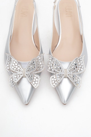Luvishoes Luvi Shoes Orıol Gümüş Cilt Kelebek Taşlı Sivri Burun Arkası Açık Kadın Babet Ayakkabı Gümüş