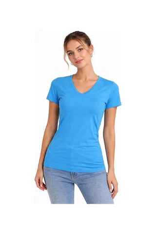 Tarzyeri Kadın V Yaka Tişört Kısa Kol Slim Fit T-shirt 2'li Set Nar Çiçeği-açık Mavi Çok Renkli