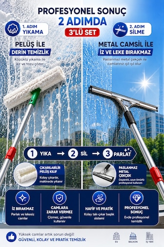 Profesyonel Cam Temizlik Seti 3 Parça - 3 Metre Uzayan Sap + Peluş Aparat + 35 Cm Camsil