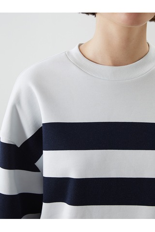 Lcwaıkıkı Classic Lacivert Bisiklet Yaka Çizgili Oversize Kadın Sweatshirt Tunik