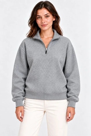 DefyModa Üç İplik İçi Şardonlu Dik Yaka Yarım Fermuarlı Kışlık Sweatshirt - Gri