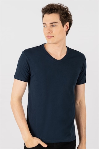 Tudors Slim Fit Dar Kesim V Yaka Düz Basıc Kısa Kol T-Shirt-16656 Lacivert