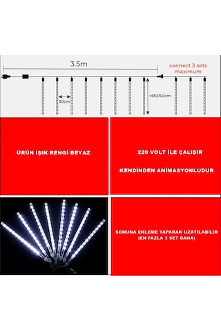 Meteor Süsleme Ledi 3,5 Mt 8 Çubuk Beyaz Işık 6500 K Çok Renkli